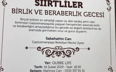 Gaziosmanpaşa Belediye Meclis Üyesi Sabahattin Can “ Siirtli Hemşerilerimi ve