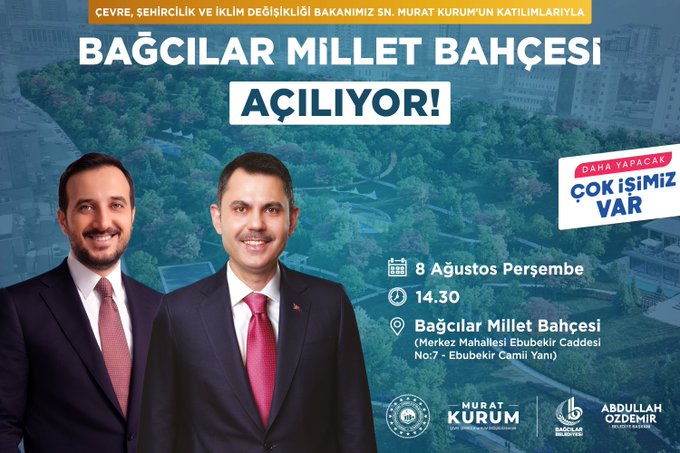 Bağcılar Millet Bahçesi 8 Ağustos Cuma Saat: 14.00'da hizmete açılacak.