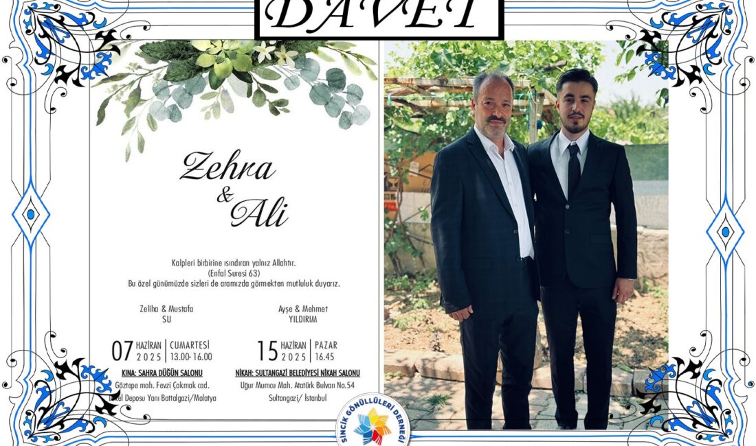 Zehra ile Ali'nin nikah merasimleri 15 Haziran Pazar günü saat