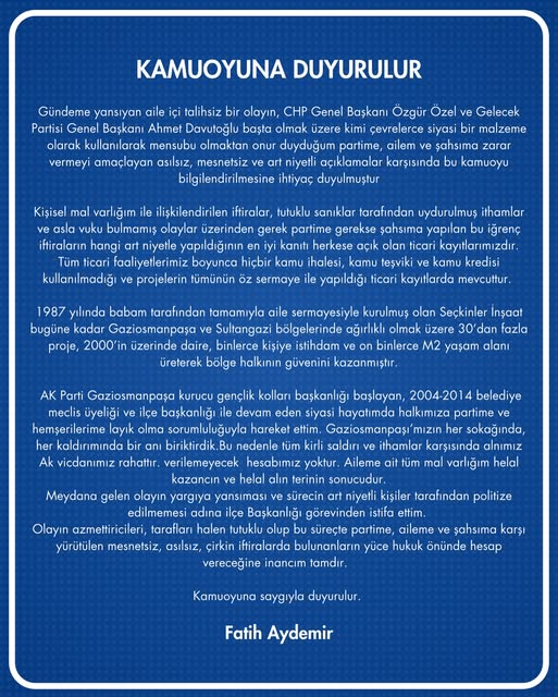 Fatih Aydemir'e:  iftira, karalama ve algı yapıldı.